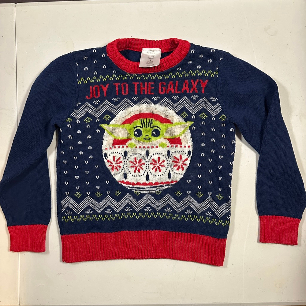 Boys Star Wars Grogu Holiday Sweater Size 6 Navy Blue Pre-Owned